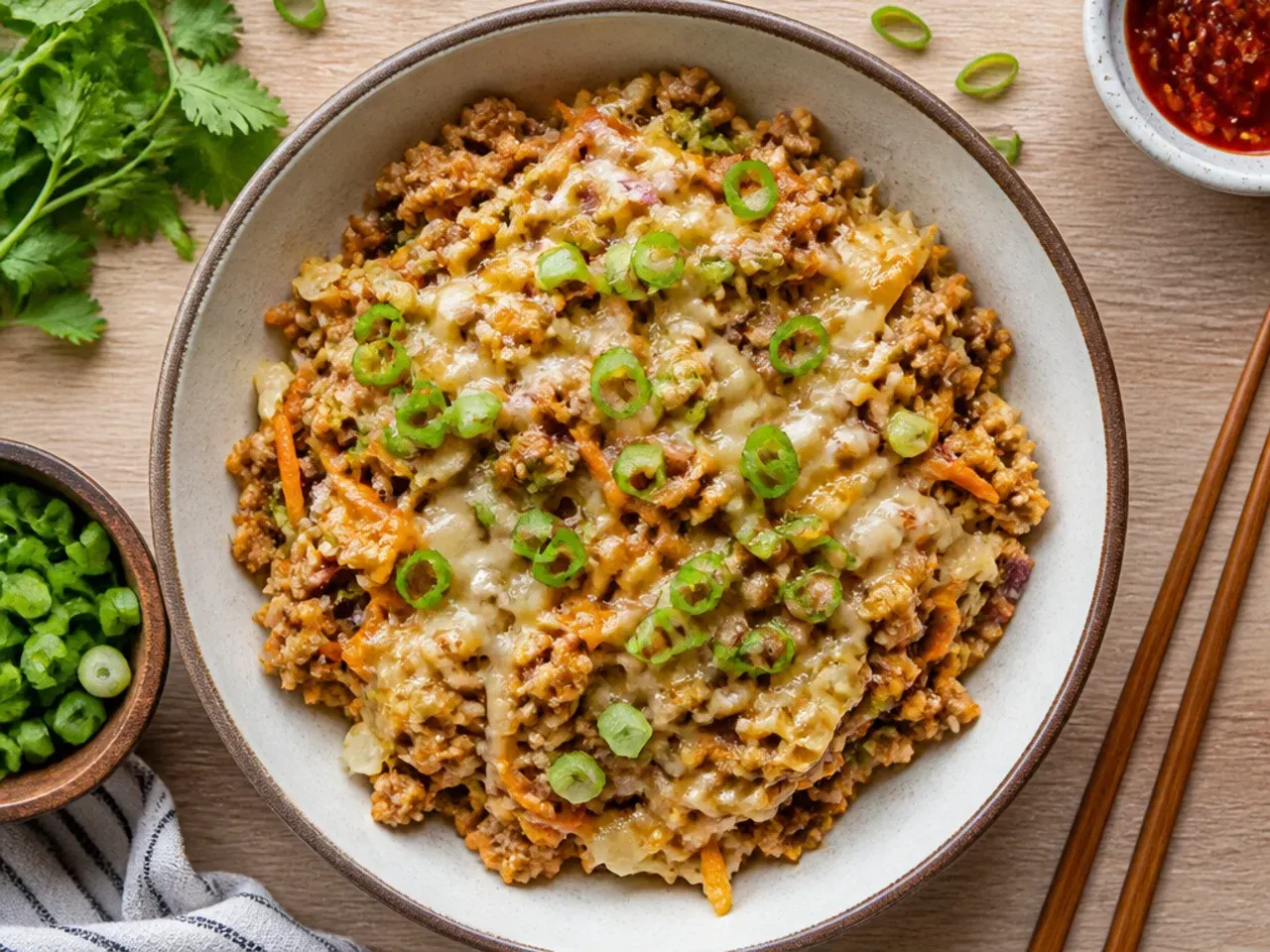Classic ground turkey egg roll in a bowl with cabbage and carrots in a skillet