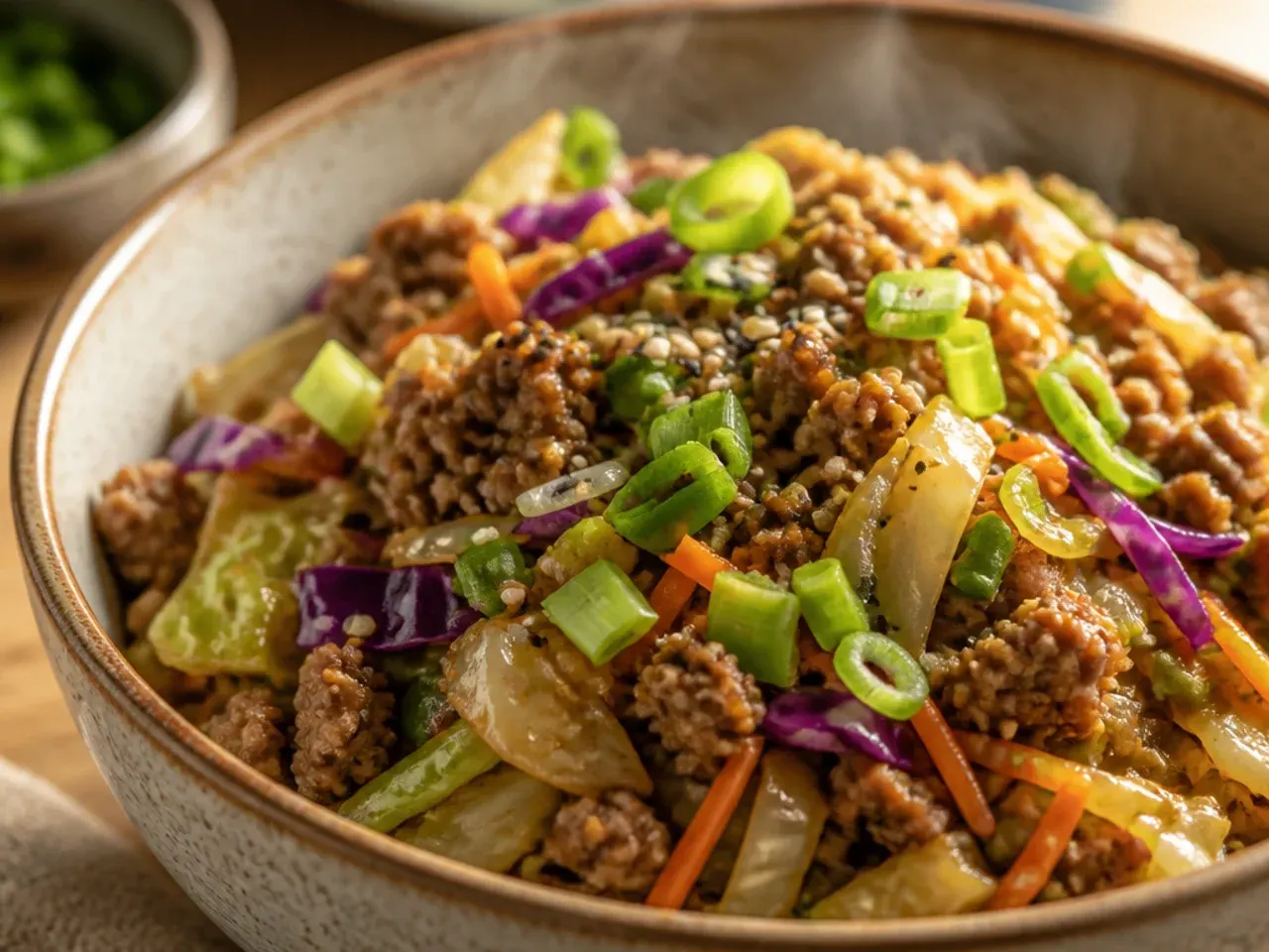Saucy ginger-garlic egg roll bowl with ground turkey spooned over rice