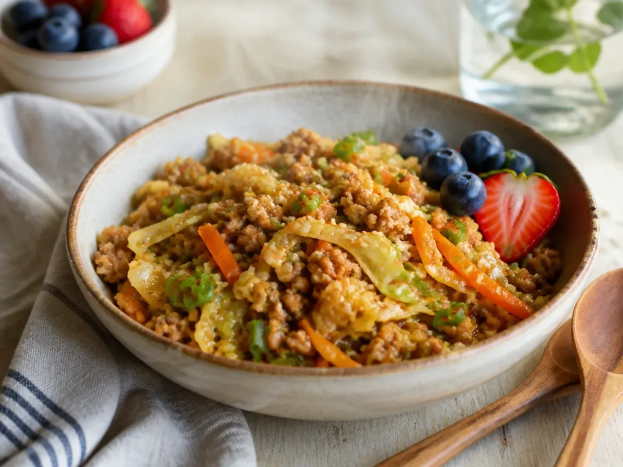 Simple five-ingredient ground turkey egg roll bowl in a skillet