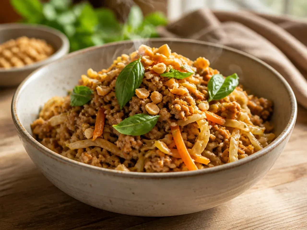 Creamy peanut sauce egg roll bowl topped with crushed peanuts and coriander