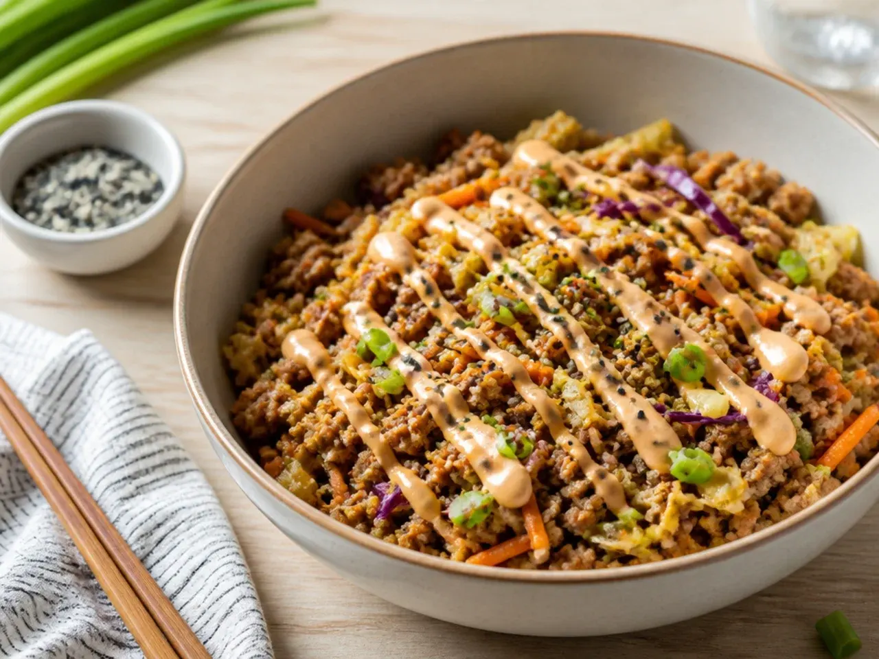Loaded vegetable egg roll bowl with peppers, mushrooms and carrots