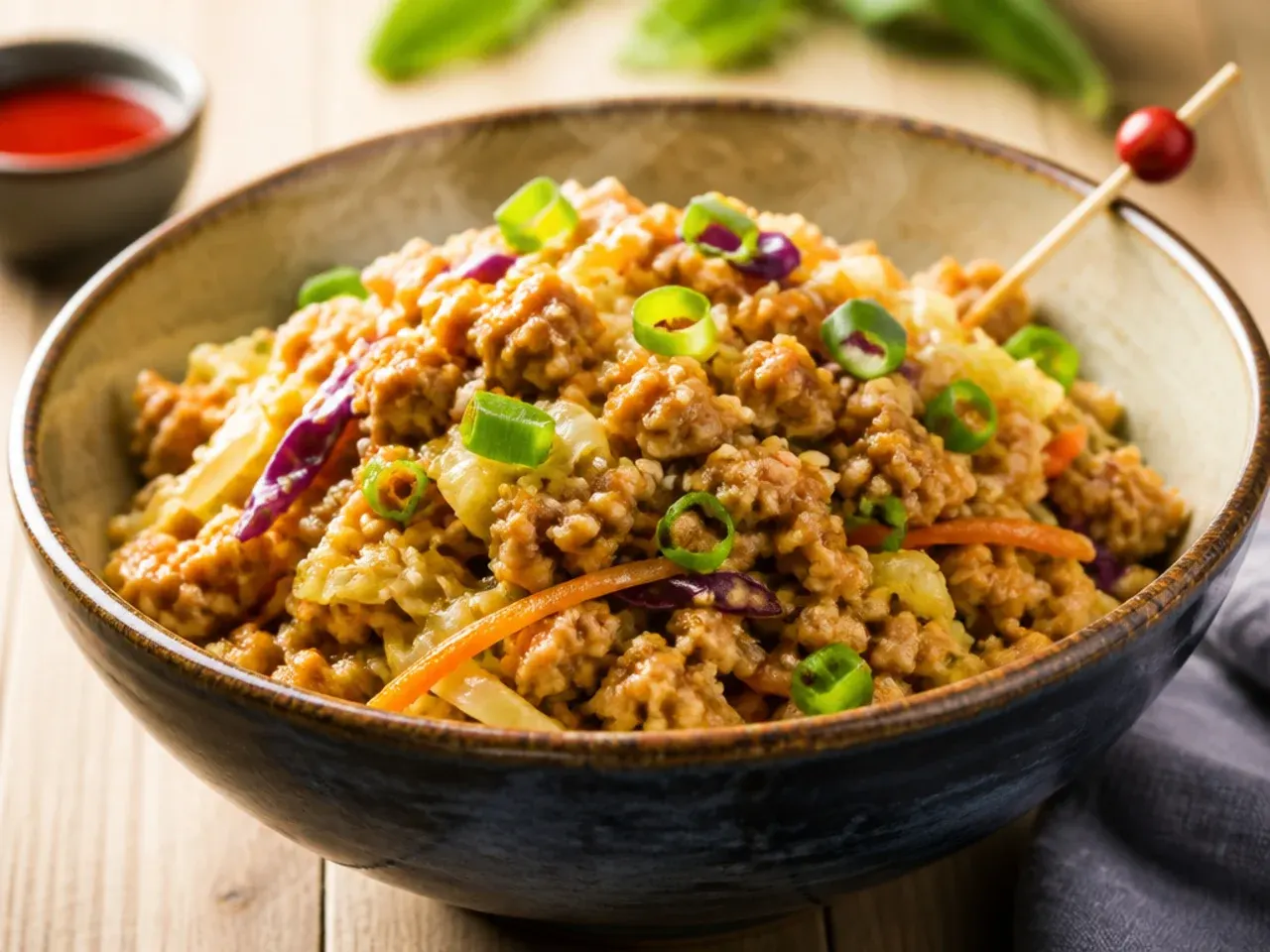 Sticky sweet chilli ground turkey egg roll bowl close up