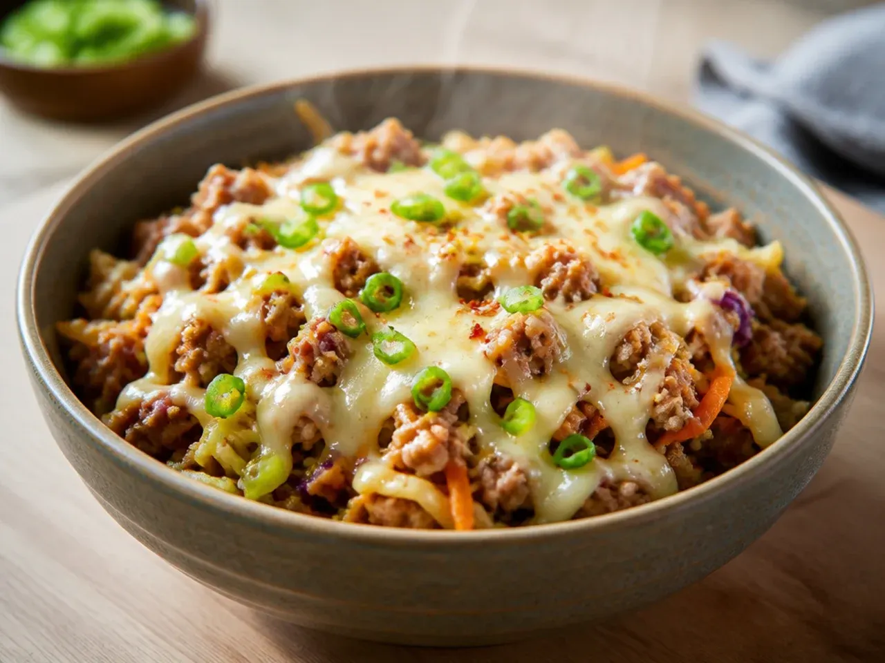 Cheesy egg roll bowl with melted mozzarella over ground turkey and cabbage