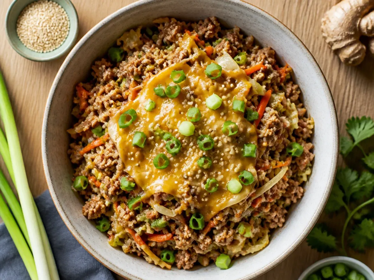 Budget-friendly ground turkey egg roll bowl made with pantry staples
