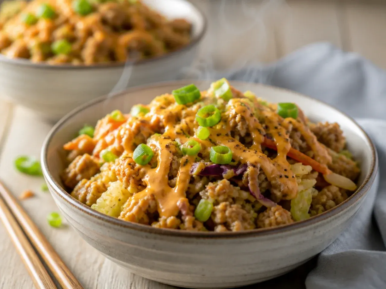 Large batch of ground turkey egg roll bowl in a big pot for a crowd