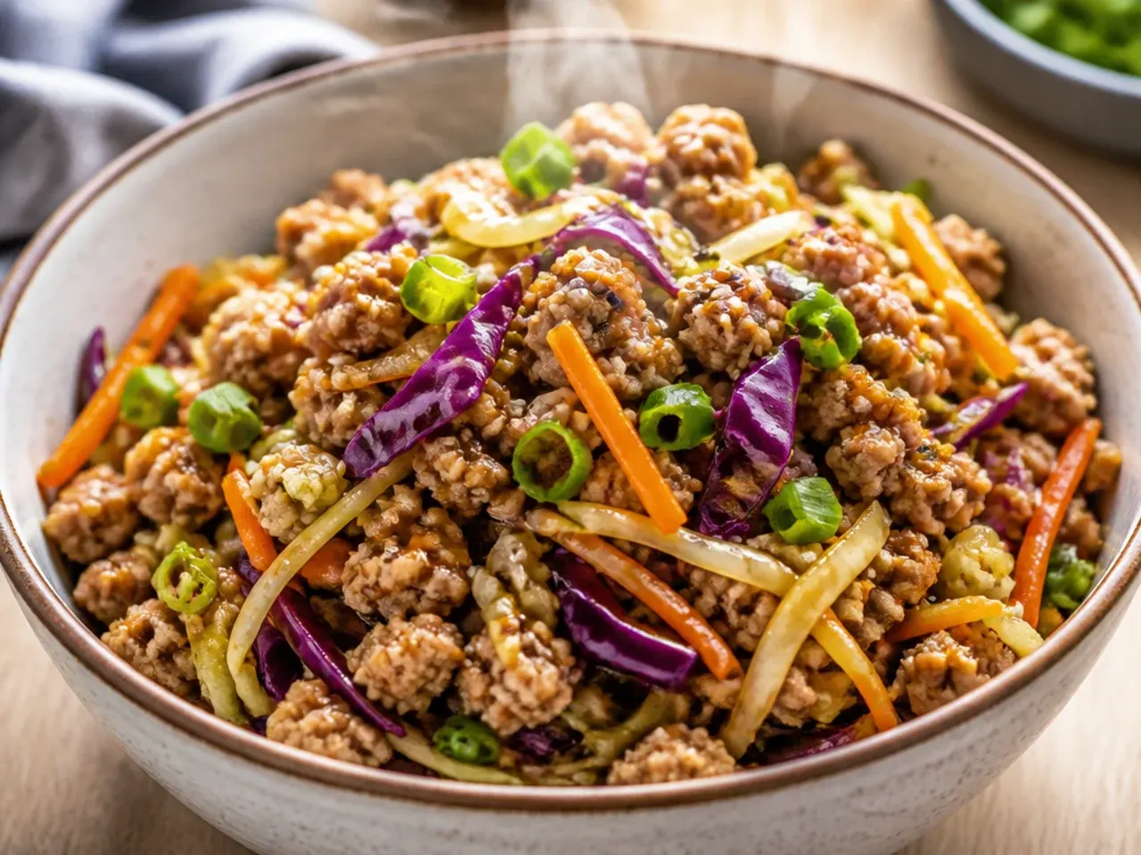 Meal prep containers filled with ground turkey egg roll bowl and rice