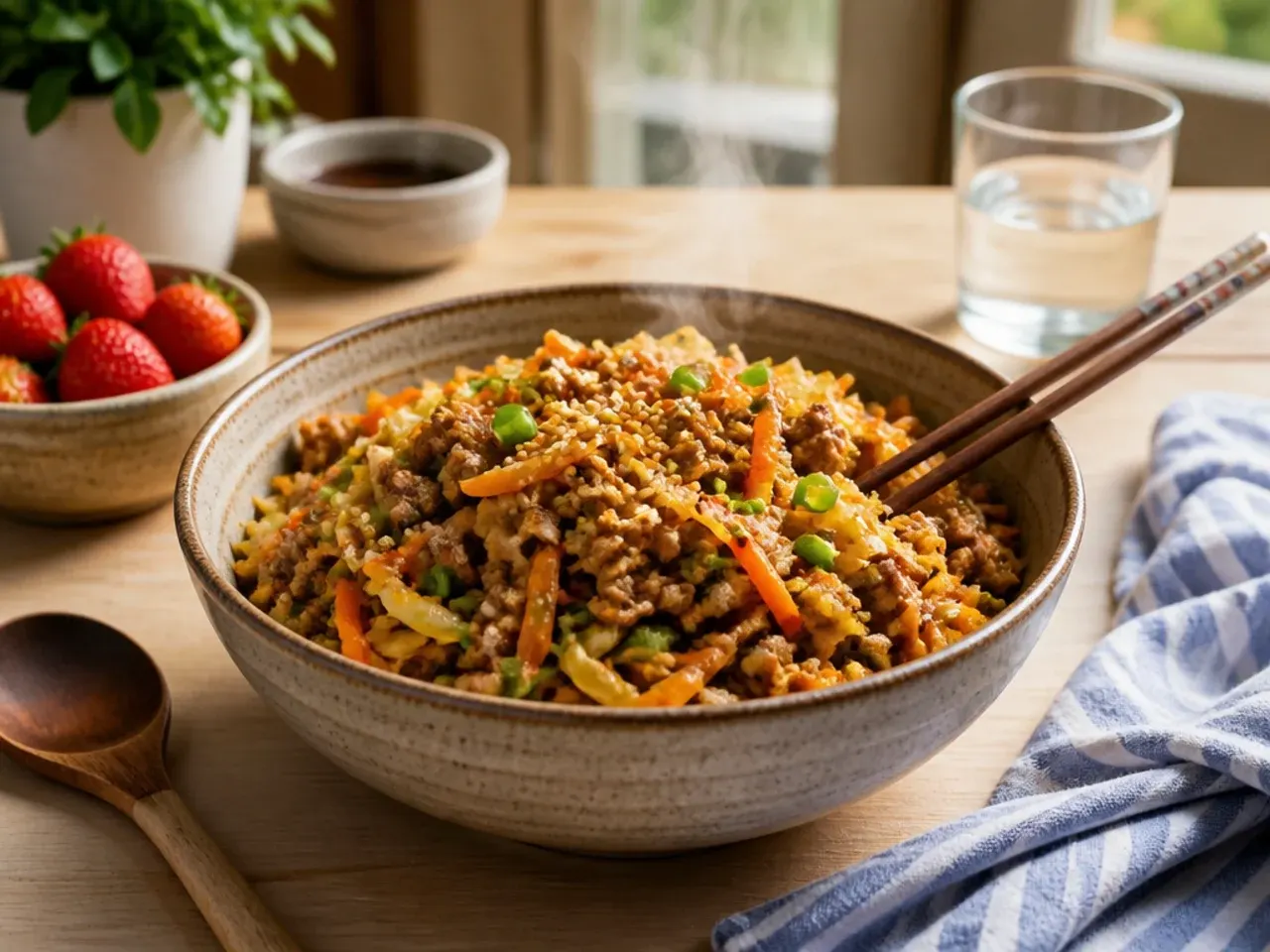 Mild family-friendly egg roll bowl served with plain rice