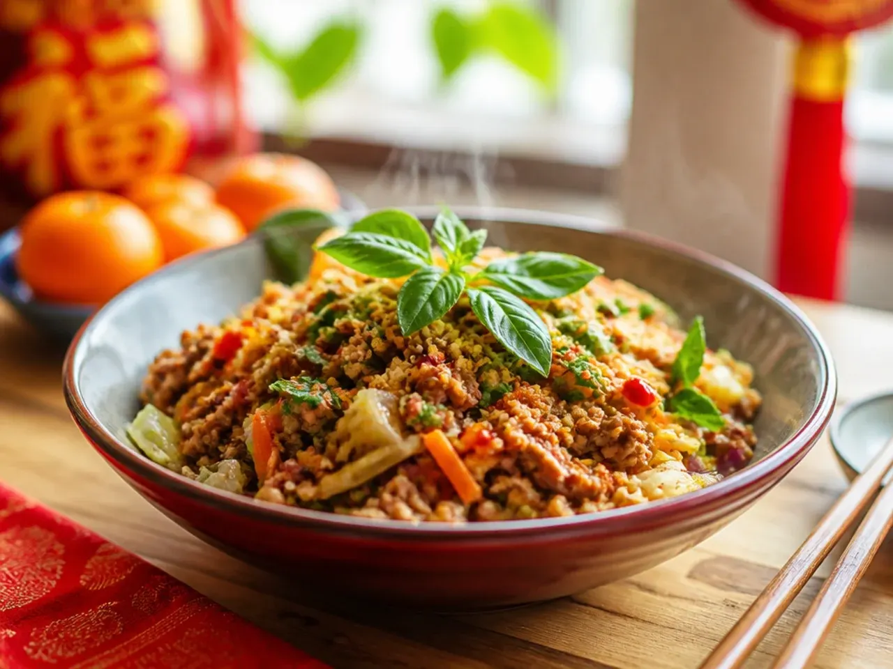 Festive egg roll bowl served with lettuce cups and jasmine rice