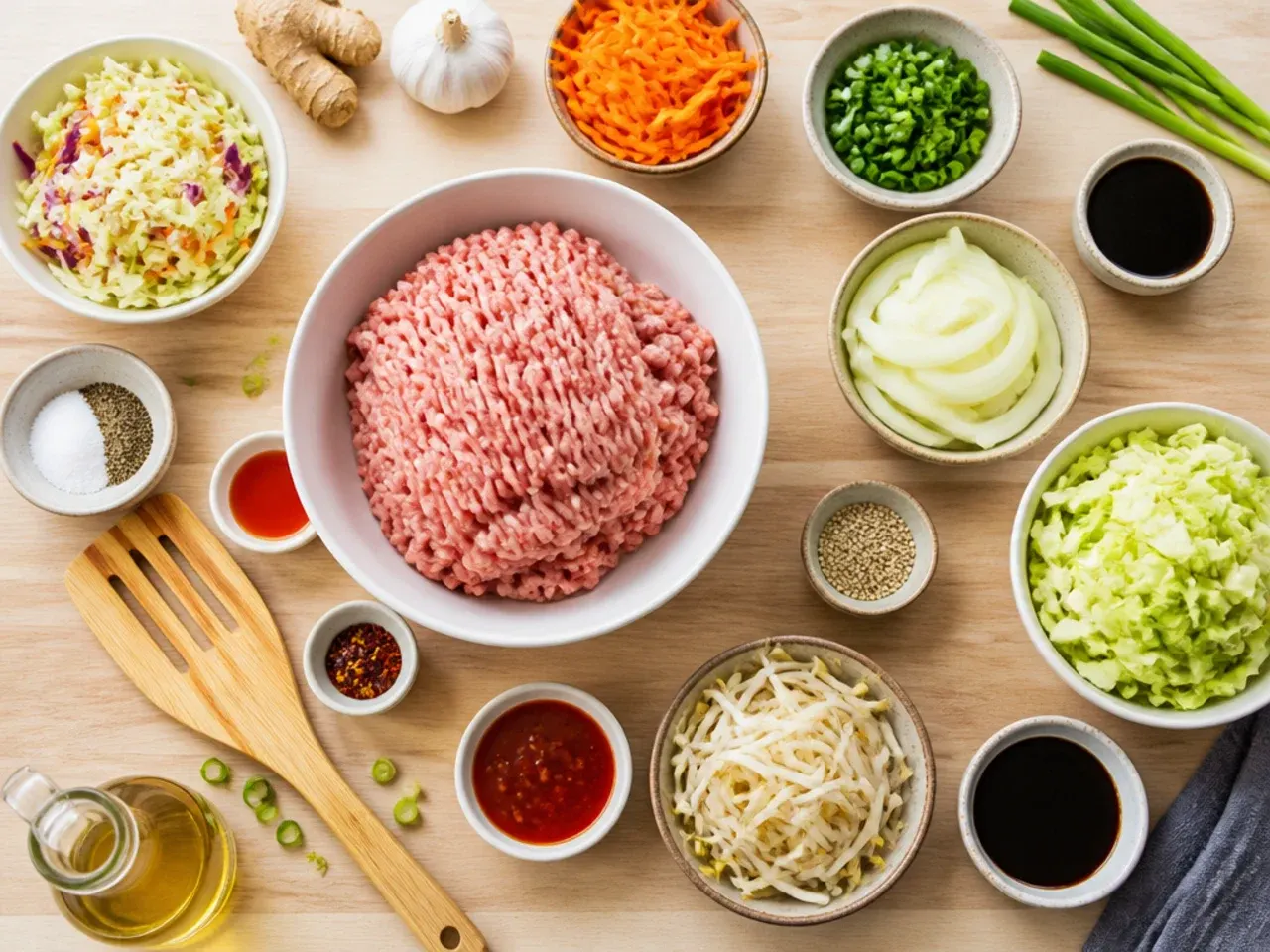 Close-up of ground turkey egg roll bowl showing crisp-tender cabbage texture