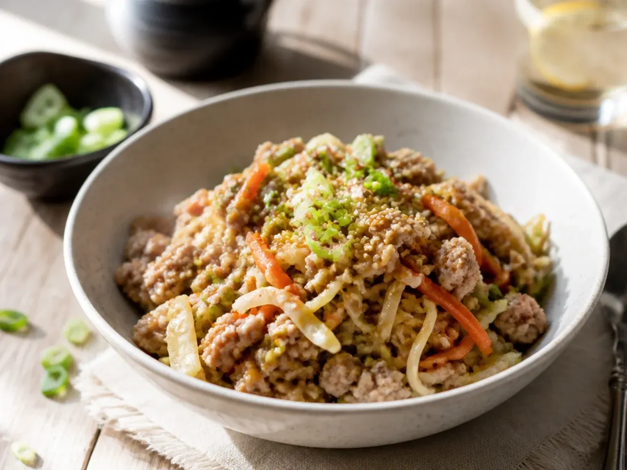 Ground turkey egg roll bowl served over rice with a fried egg on top