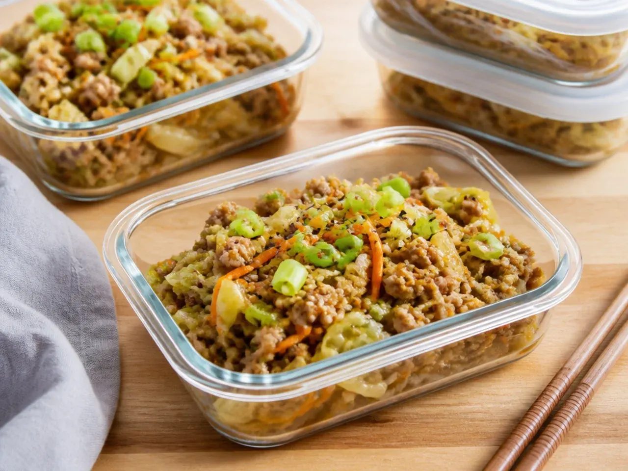 Meal prep container of ground turkey egg roll bowl being reheated in a skillet