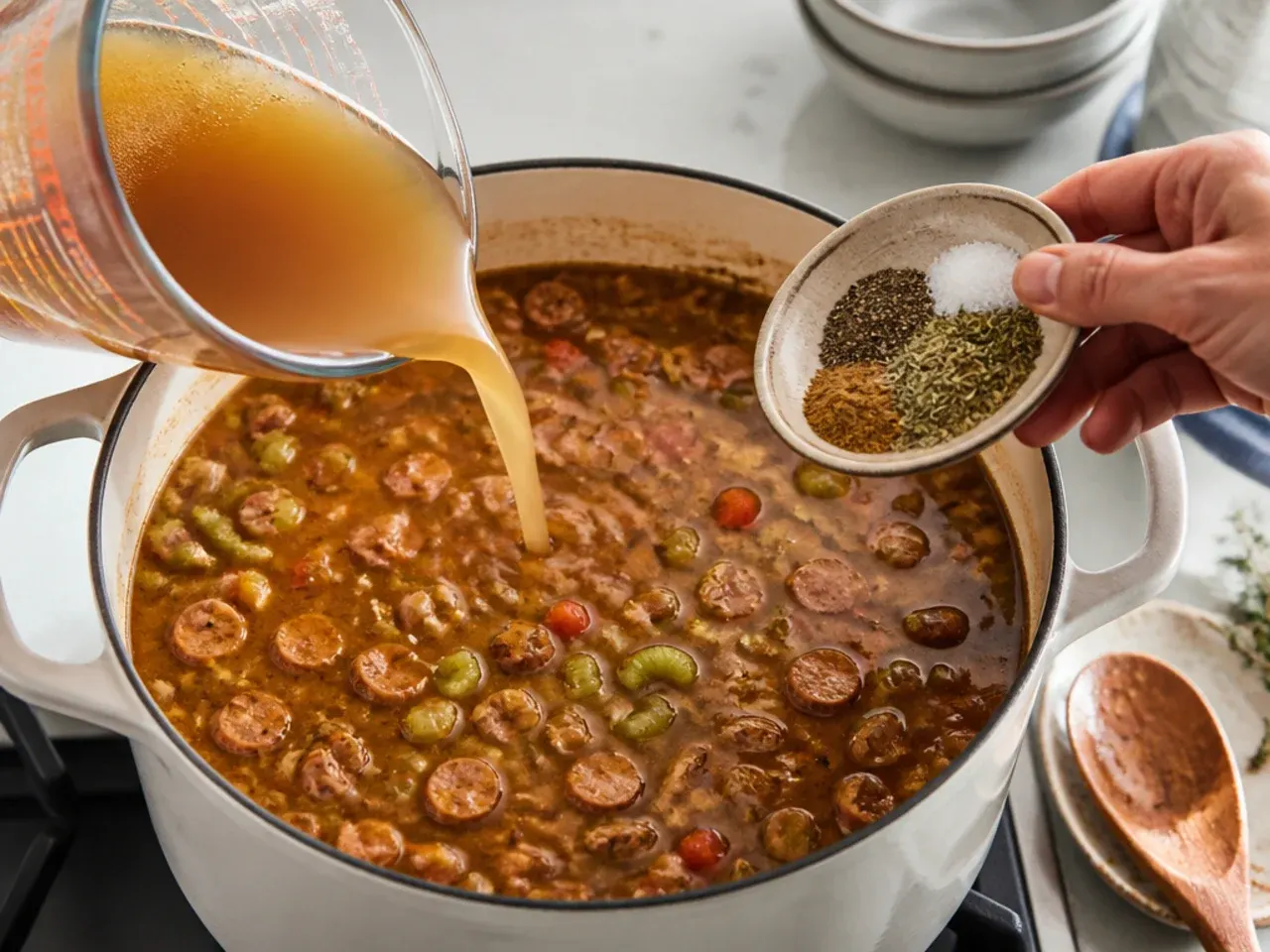 gumbo for a crowd — step 4: add stock and seasonings