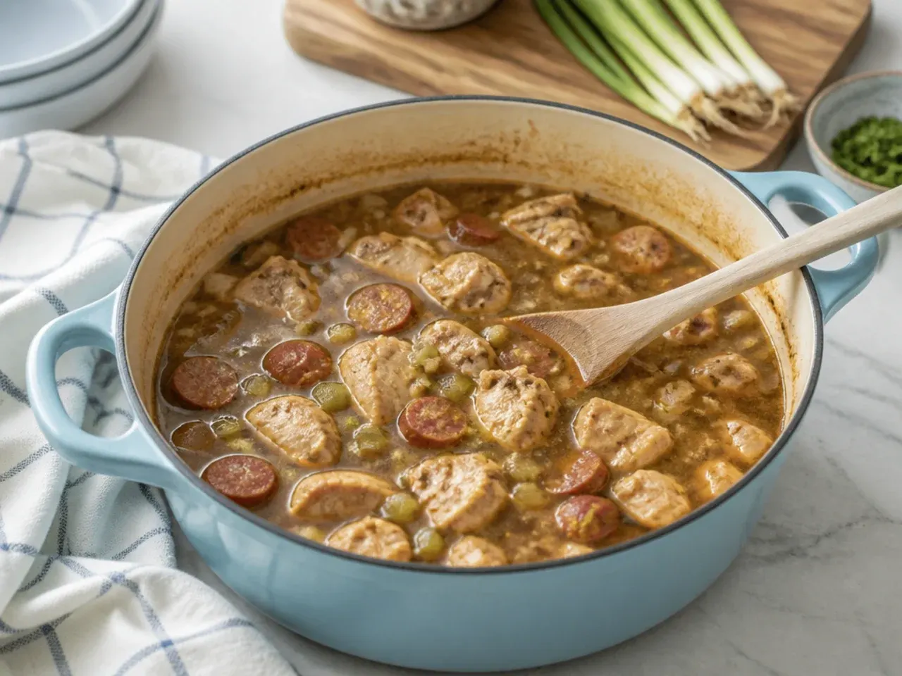 gumbo for a crowd — step 5: simmer the chicken and sausage