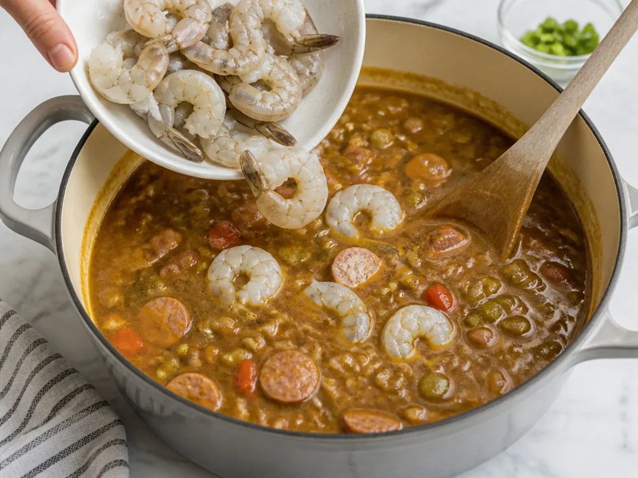 gumbo for a crowd — step 6: add the shrimp last