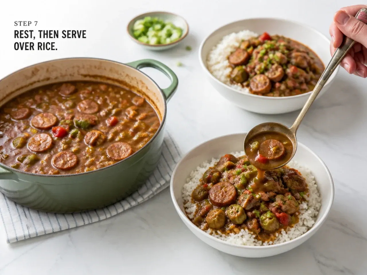 gumbo for a crowd — step 7: rest, then serve over rice