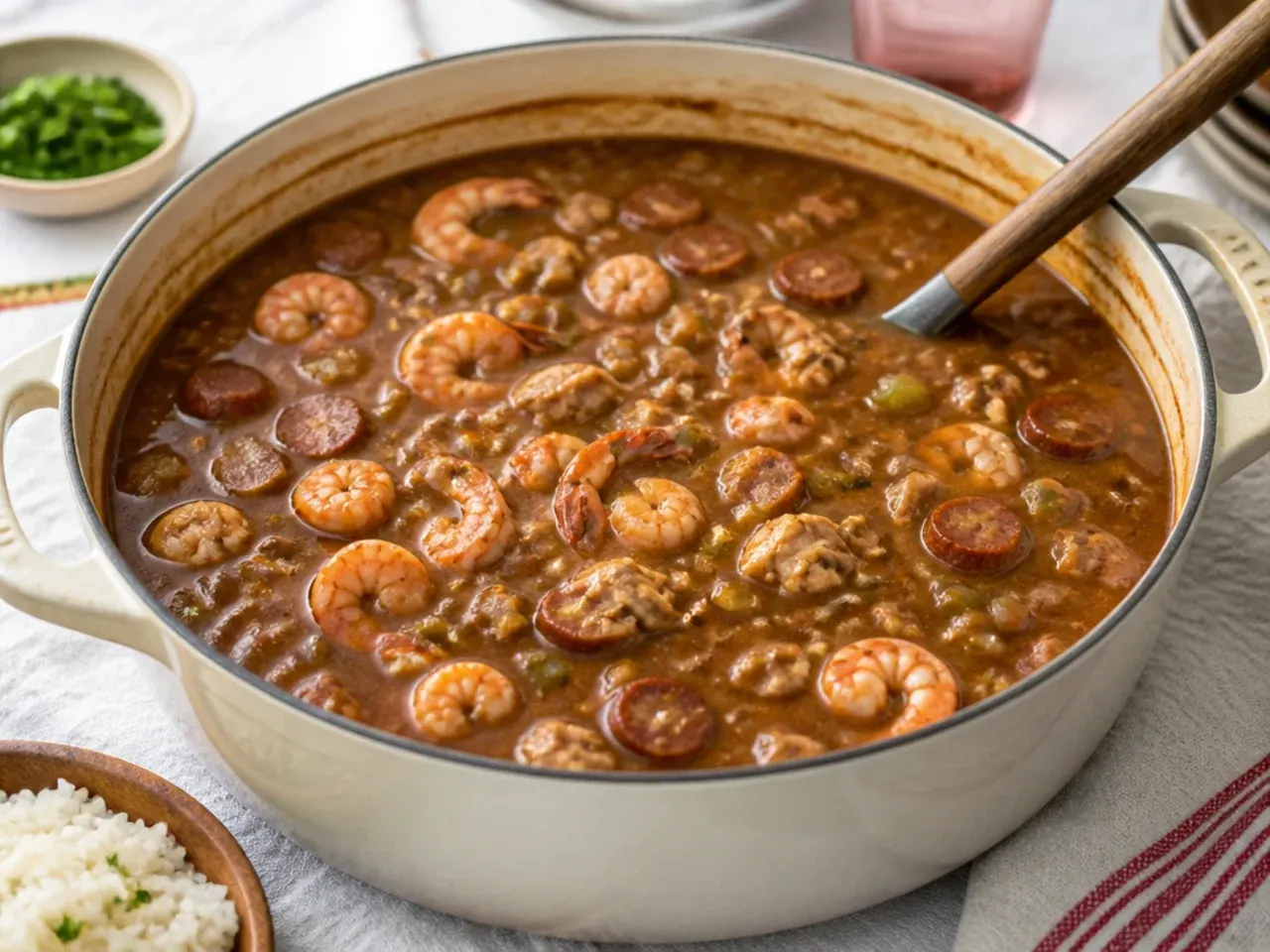 Large pot of gumbo for a crowd simmering with sausage, chicken, and shrimp