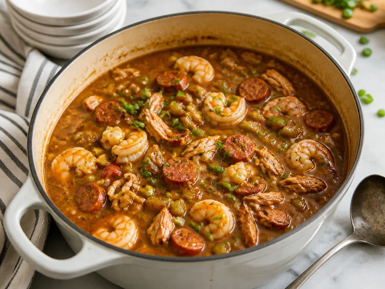 gumbo for a crowd — classic chicken, andouille, and shrimp gumbo