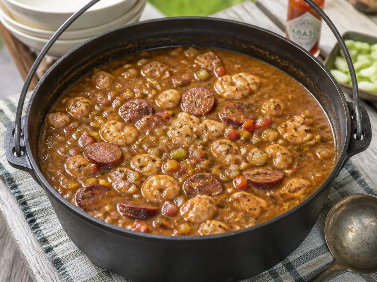 gumbo for a crowd — rustic cast-iron camp gumbo