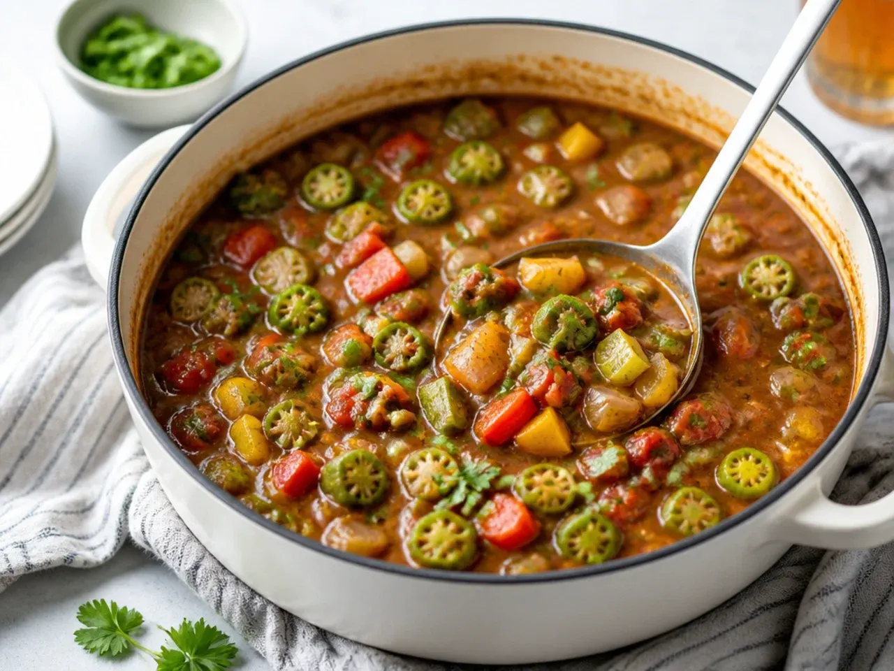 gumbo for a crowd — colorful garden vegetable and okra gumbo