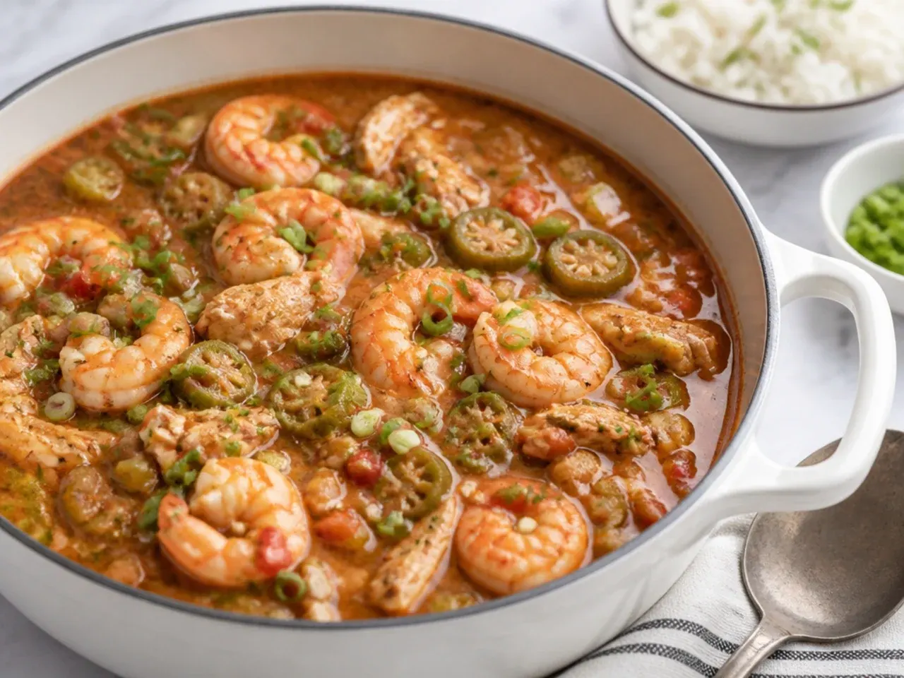 gumbo for a crowd — delicate white shrimp and chicken gumbo