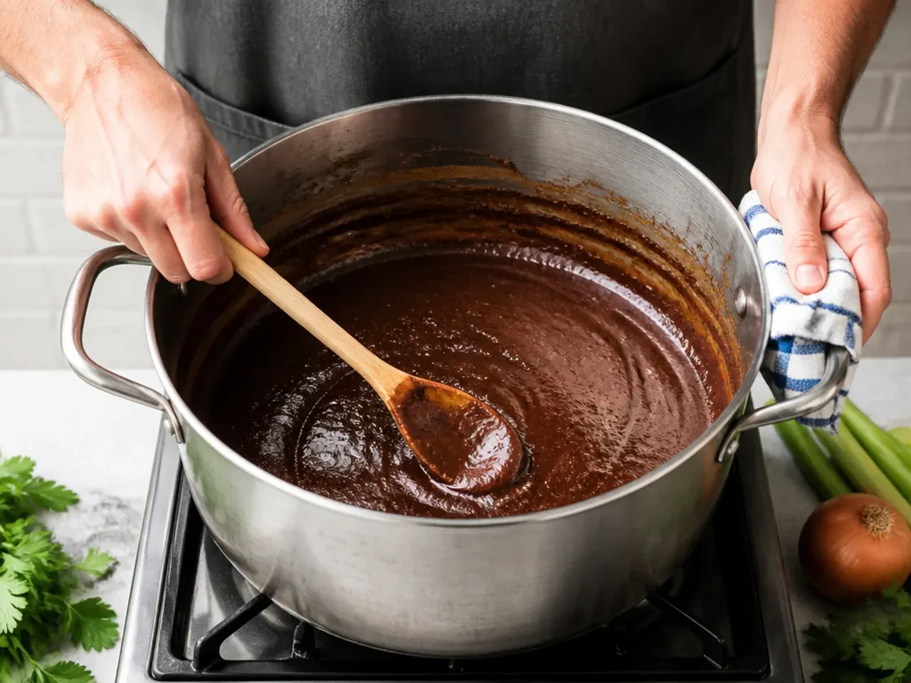Cook stirring a dark chocolate-brown roux for a big-batch gumbo for a crowd