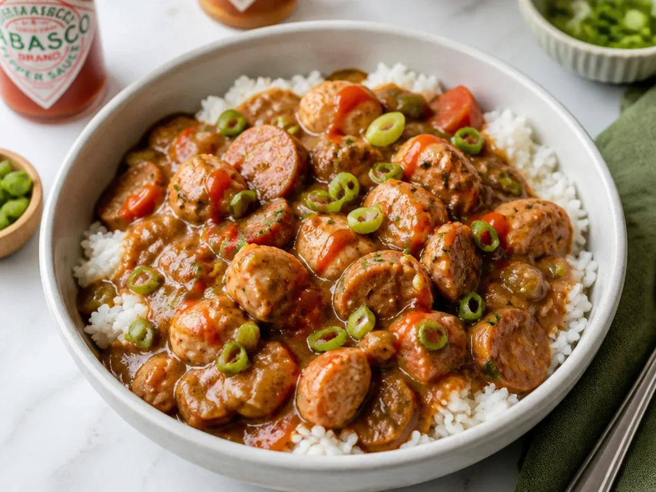 Bowls of gumbo for a crowd served over white rice with green onions and hot sauce