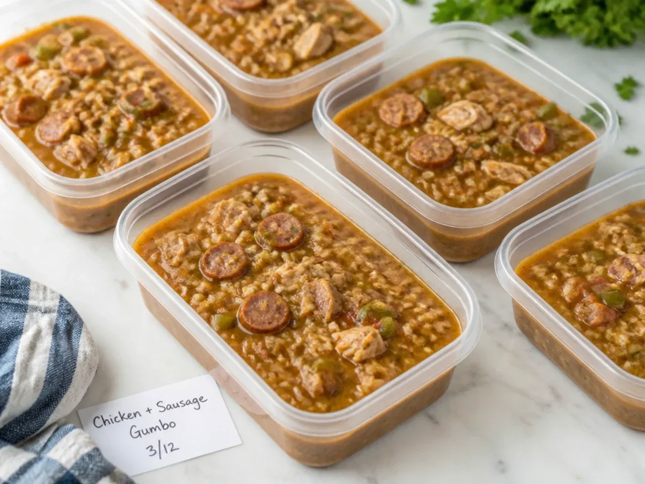 Gumbo for a crowd portioned into containers for make-ahead storage and freezing