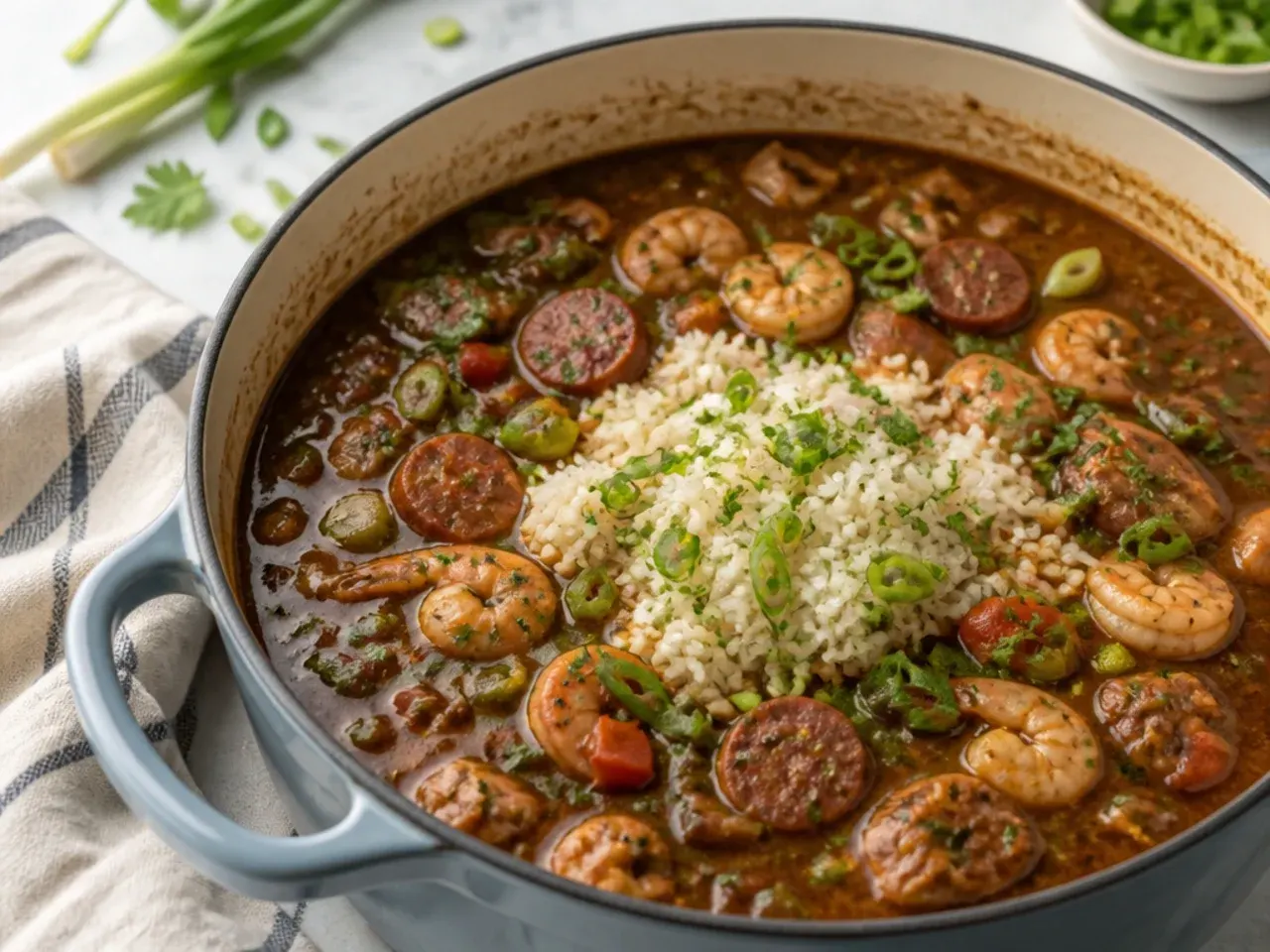 A pot of homemade gumbo showing several creative gumbo recipe ideas over rice