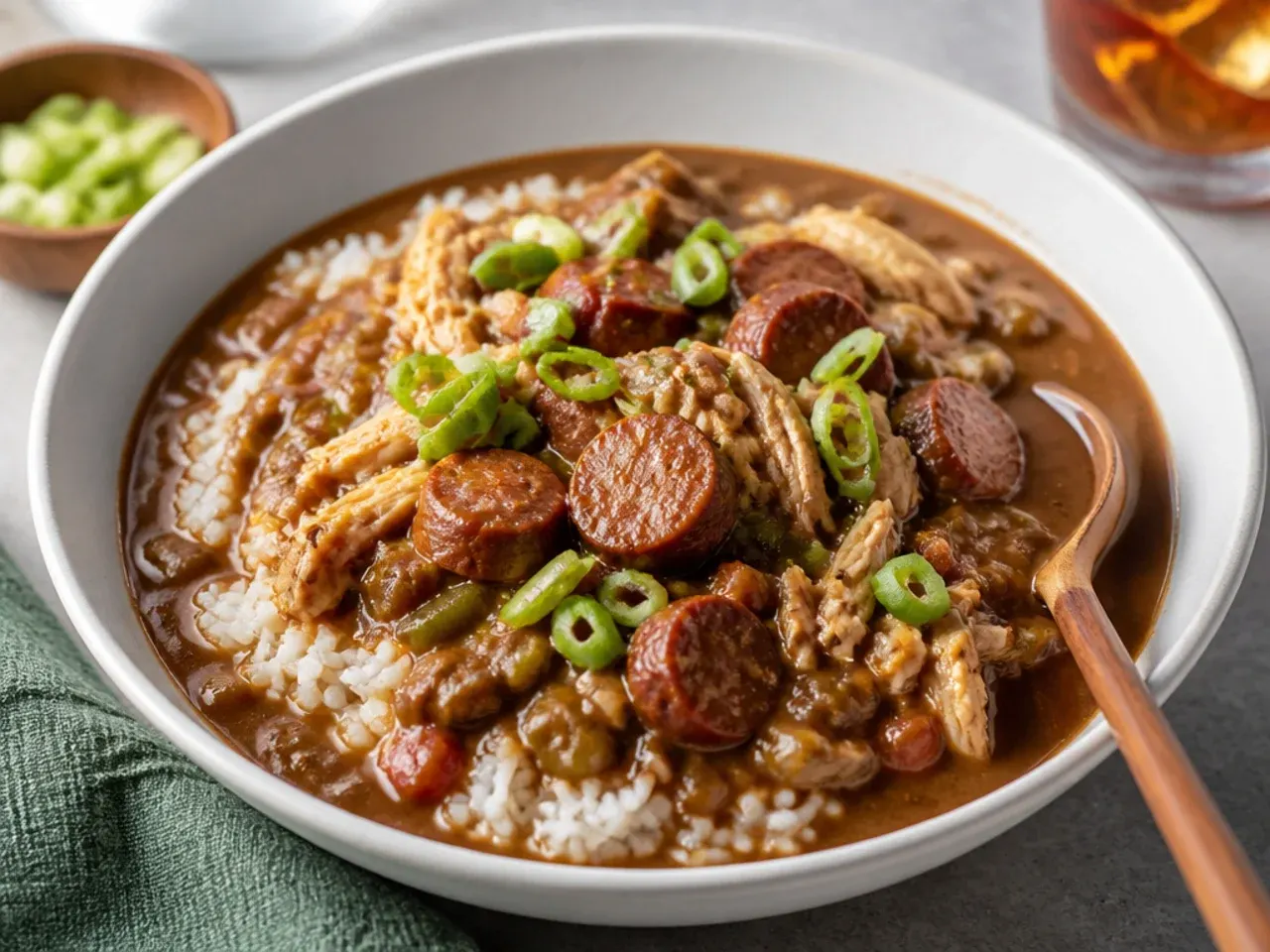 Classic chicken and andouille gumbo idea simmering with dark roux over white rice