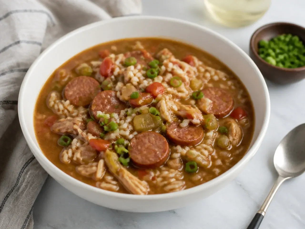 Easy weeknight gumbo idea made with store-bought roux and smoked sausage
