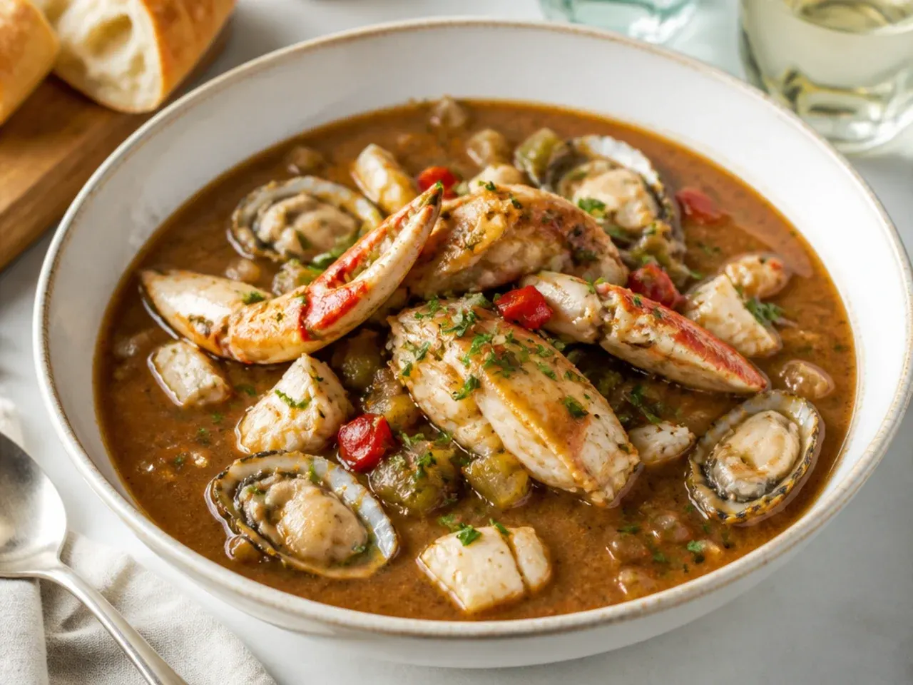 Elegant crab and oyster seafood gumbo idea in a shallow bowl