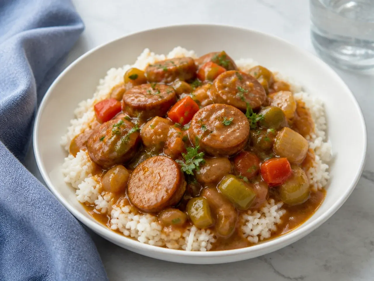 Kid-friendly mild sausage gumbo idea served over a mound of rice