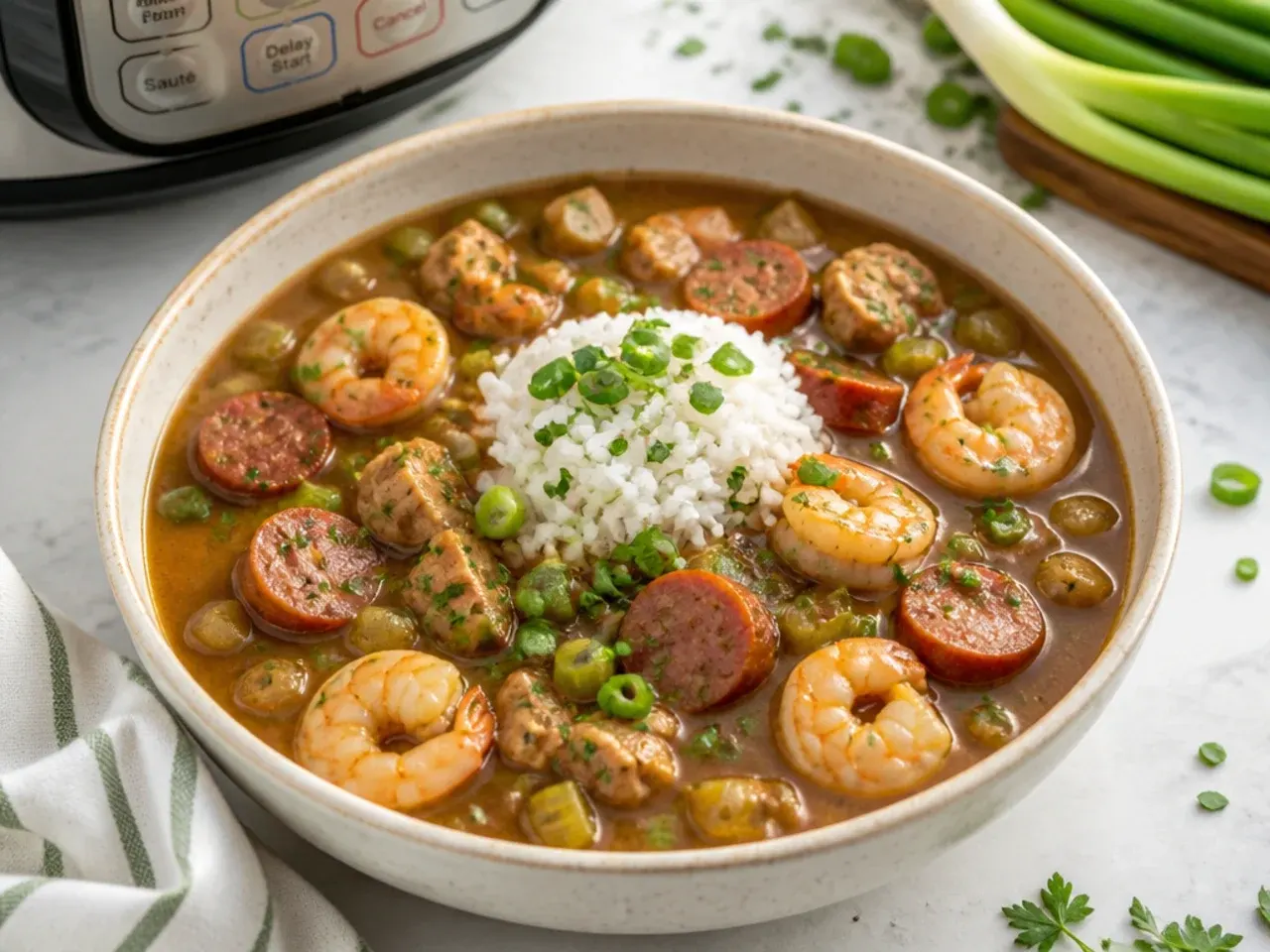 Modern Instant Pot gumbo idea with chicken, sausage, and shrimp