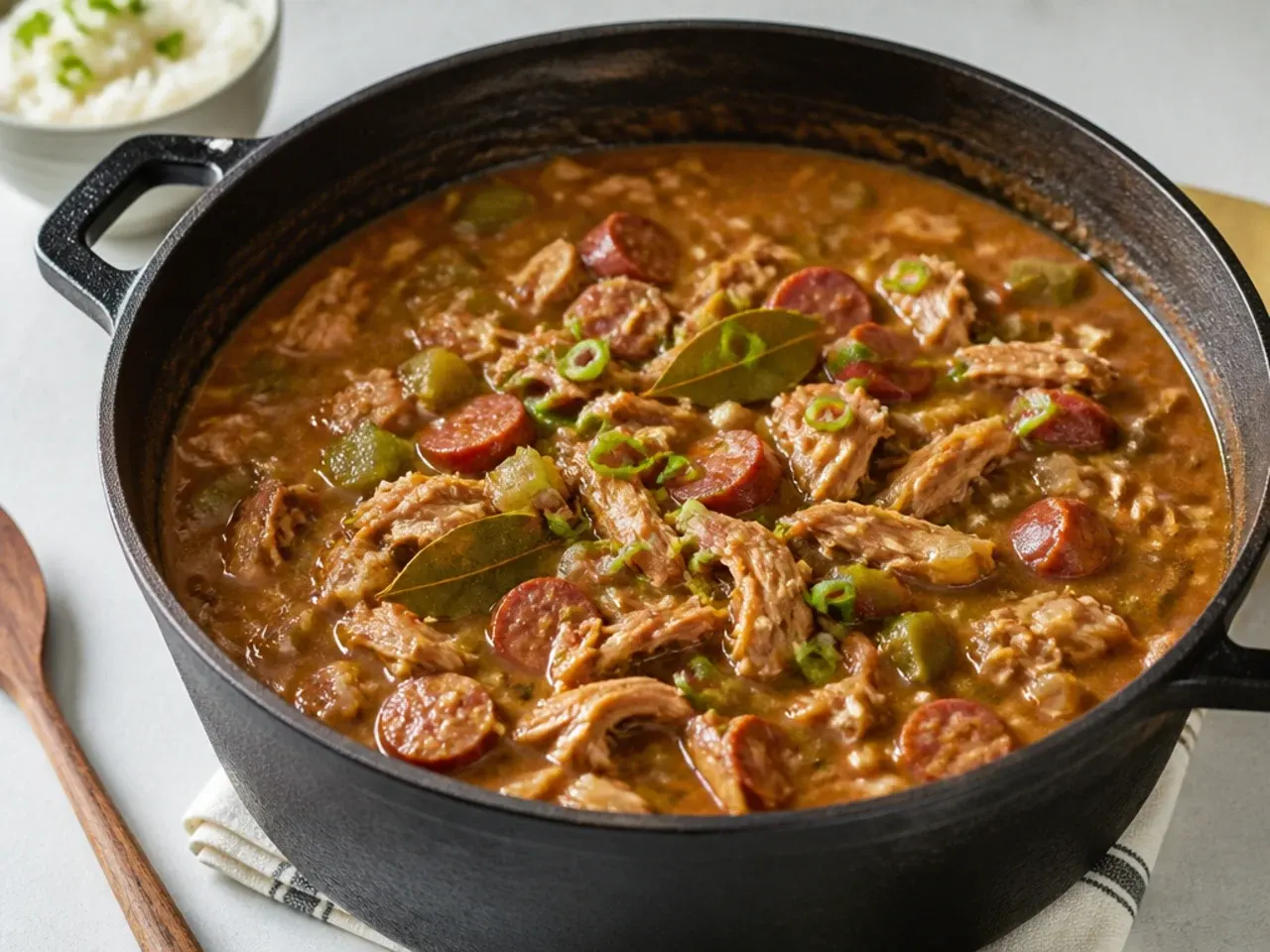 Rustic duck and smoked sausage gumbo idea in a heavy cast-iron pot