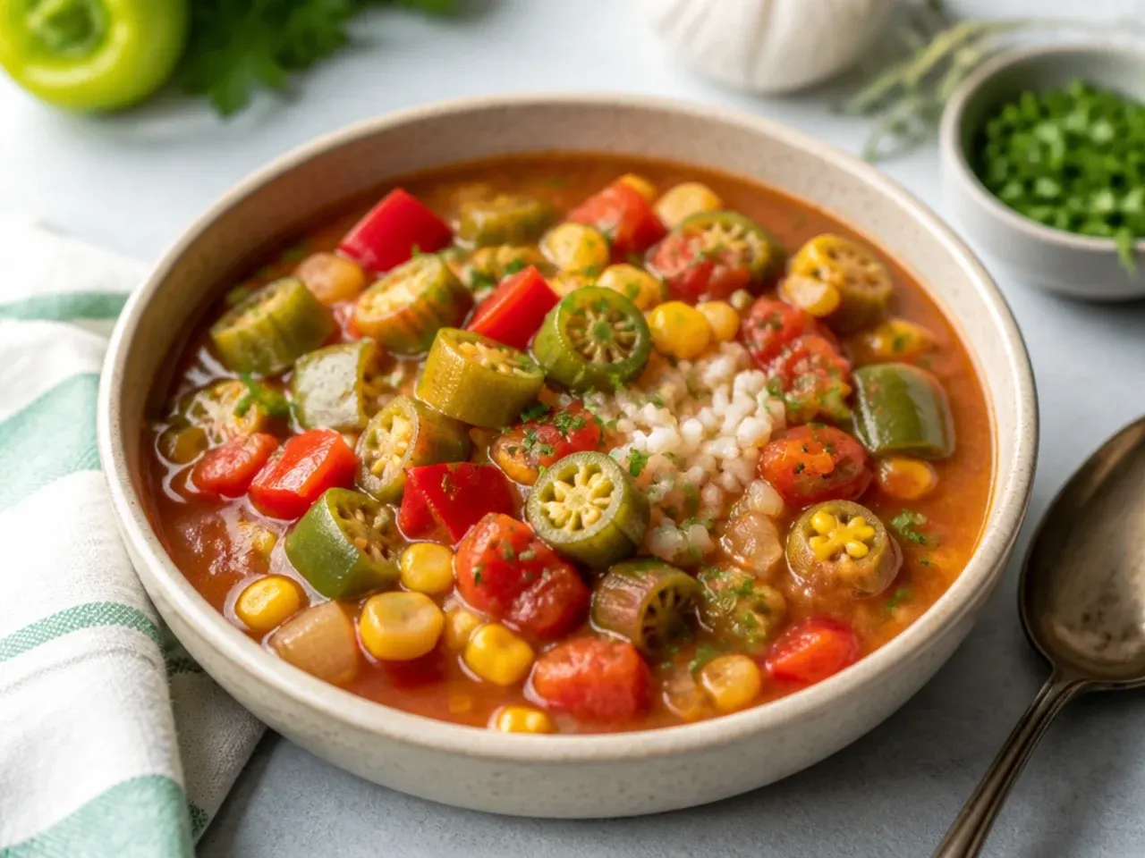 Colorful garden vegetable gumbo idea loaded with peppers, corn, and okra