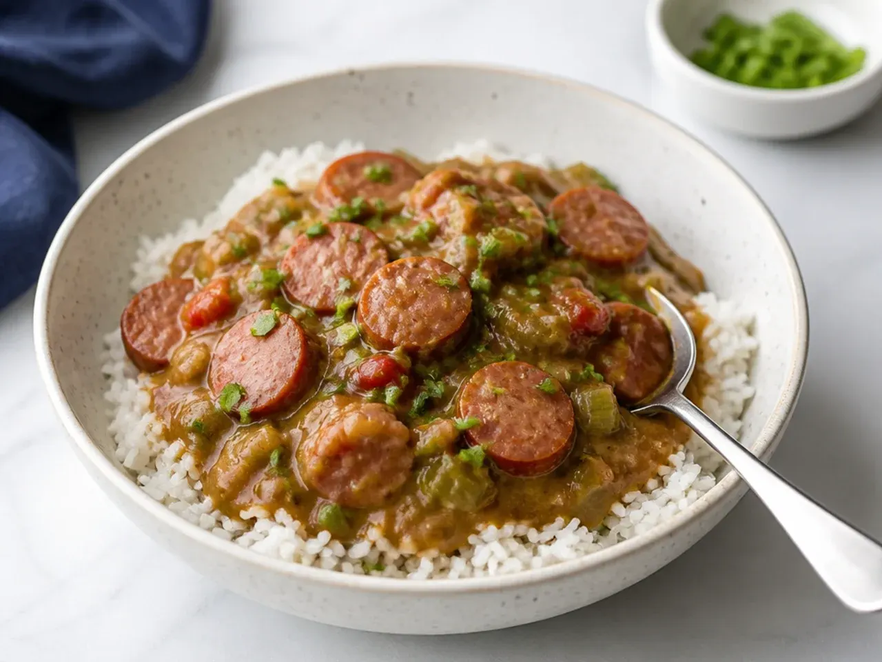 Minimal three-ingredient sausage gumbo idea over rice