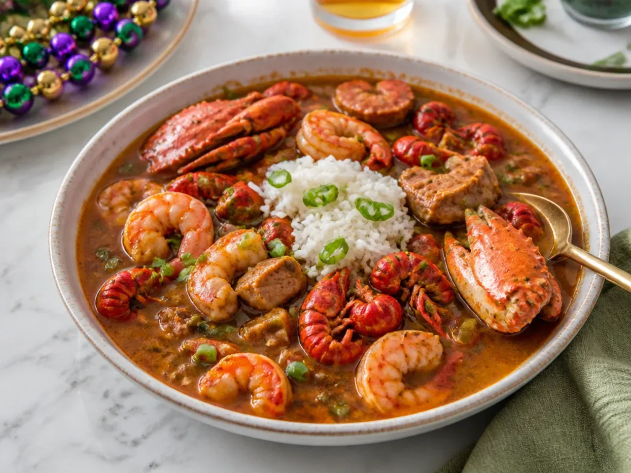 Festive Mardi Gras seafood feast gumbo idea with shrimp, crab, and crawfish