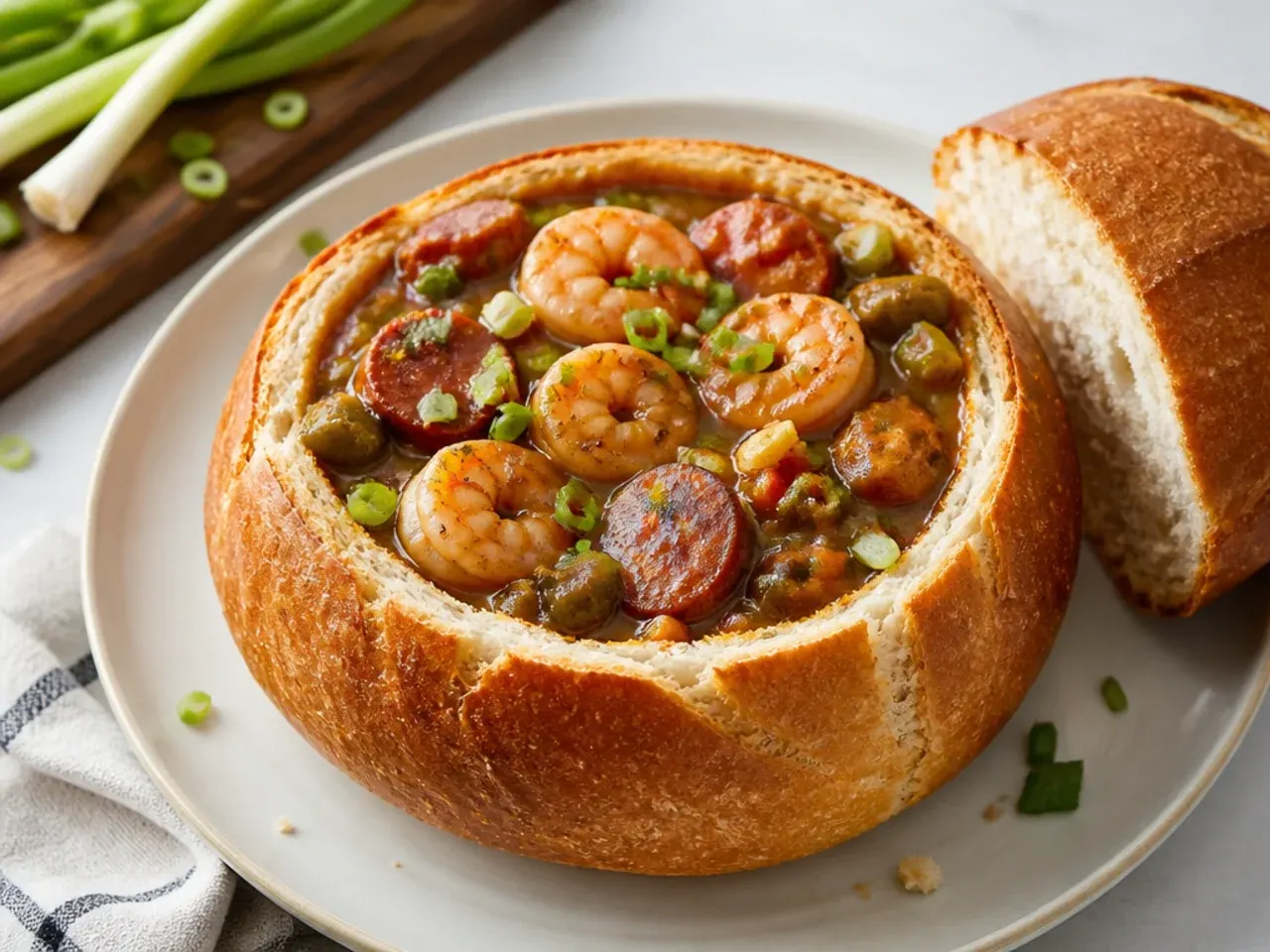 Whimsical gumbo idea served inside a toasted sourdough bread bowl
