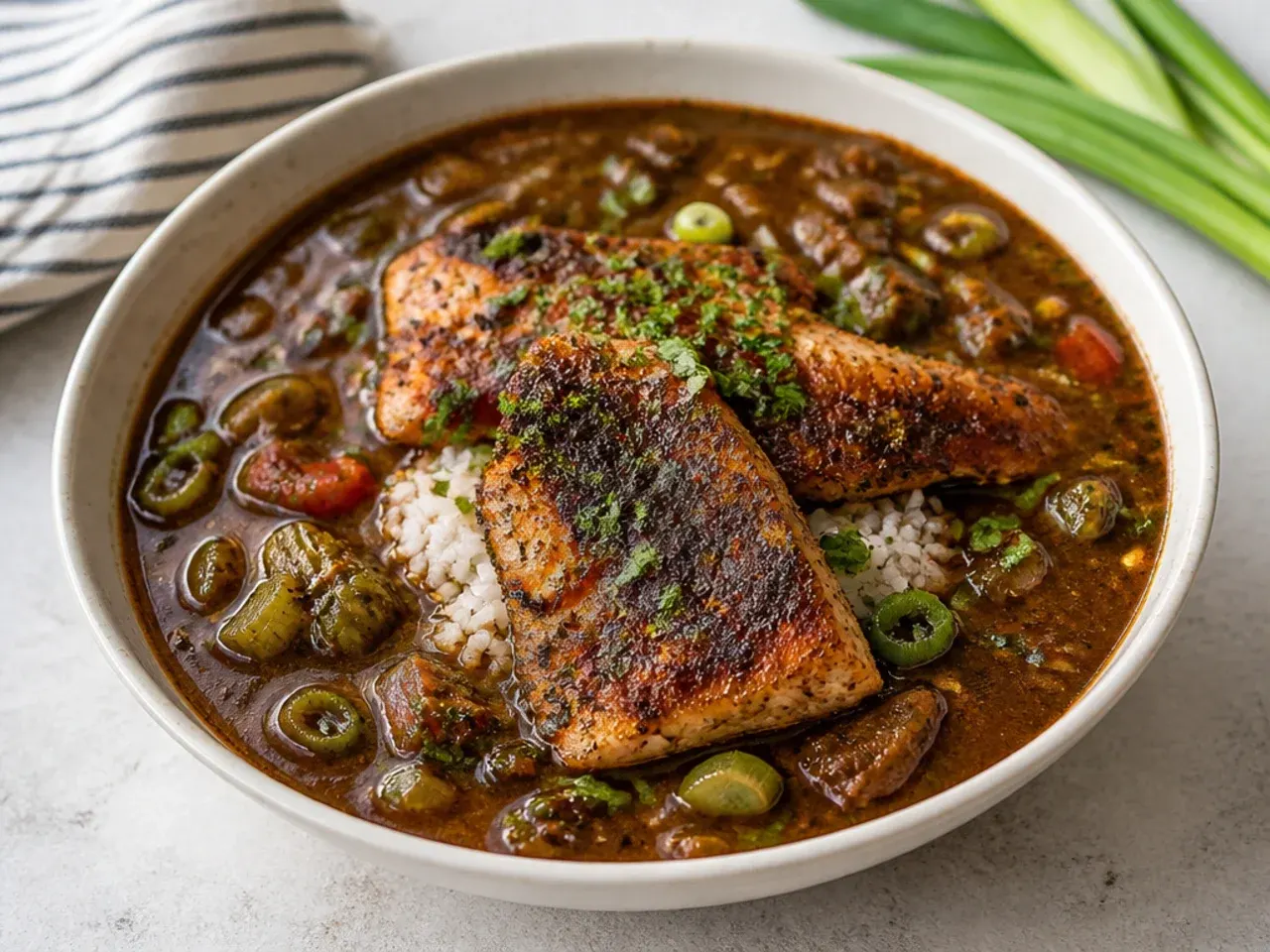 Bold blackened catfish gumbo idea with seared fish over dark broth