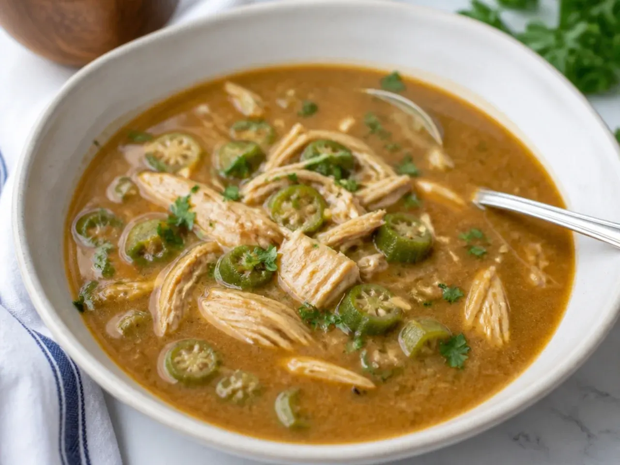 Delicate chicken and file gumbo idea thickened with file powder