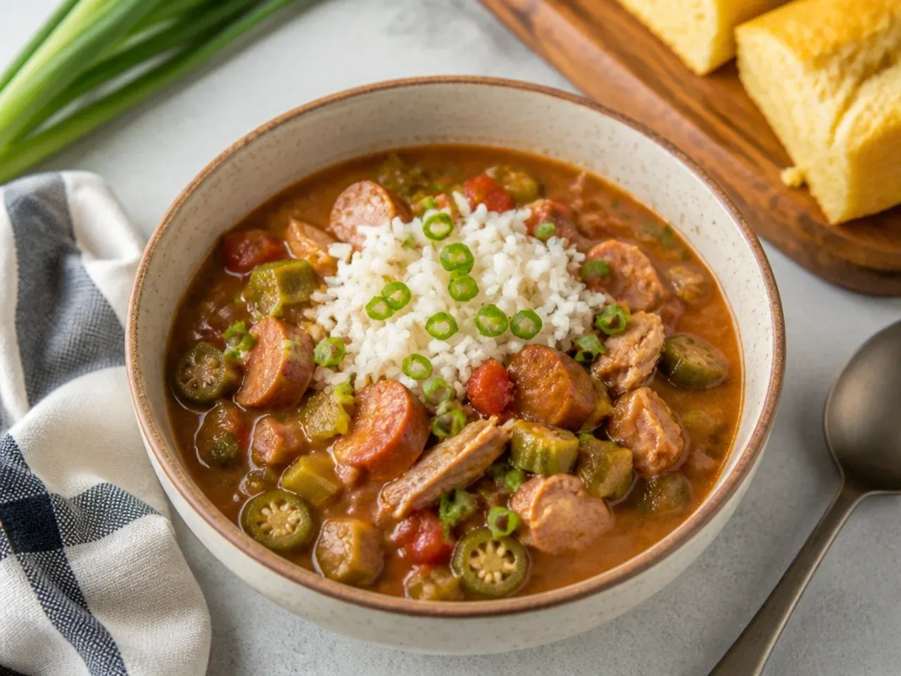 Vintage Creole gumbo idea made with tomatoes and okra