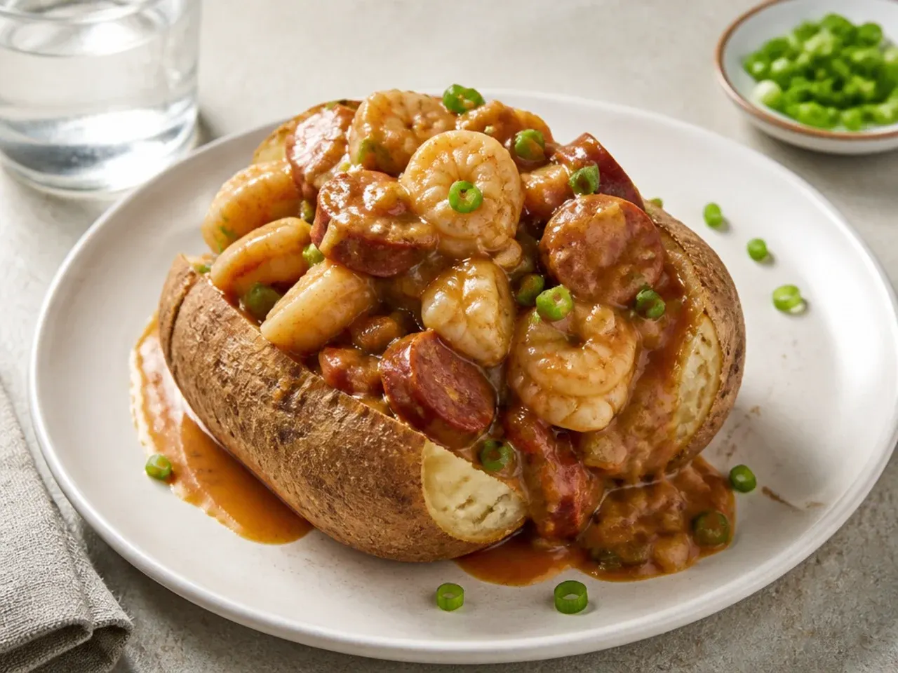 Creative gumbo idea ladled over a split baked potato