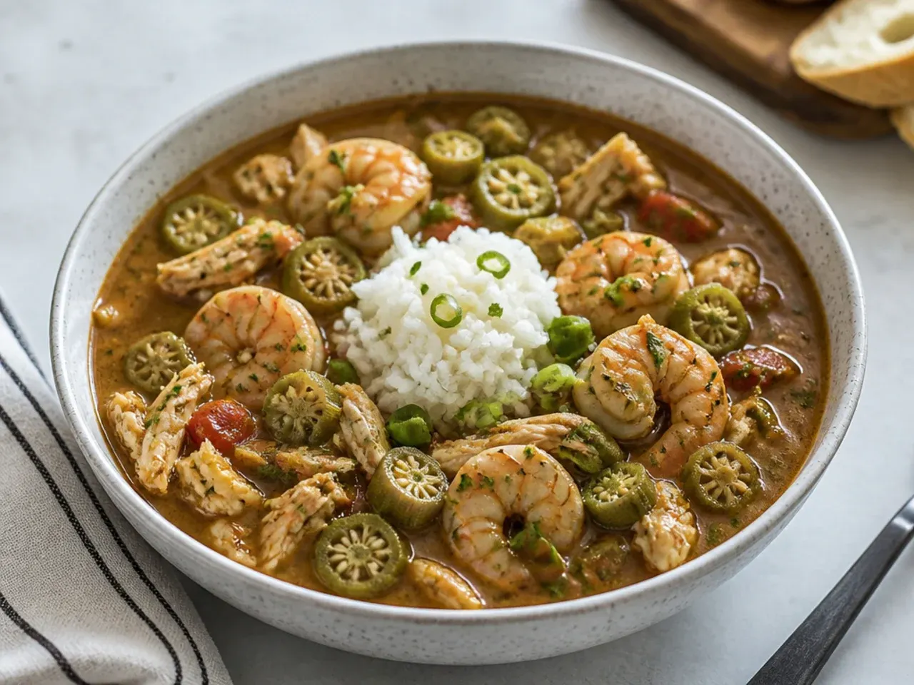 Classic Louisiana seafood gumbo idea with shrimp, crab, and okra