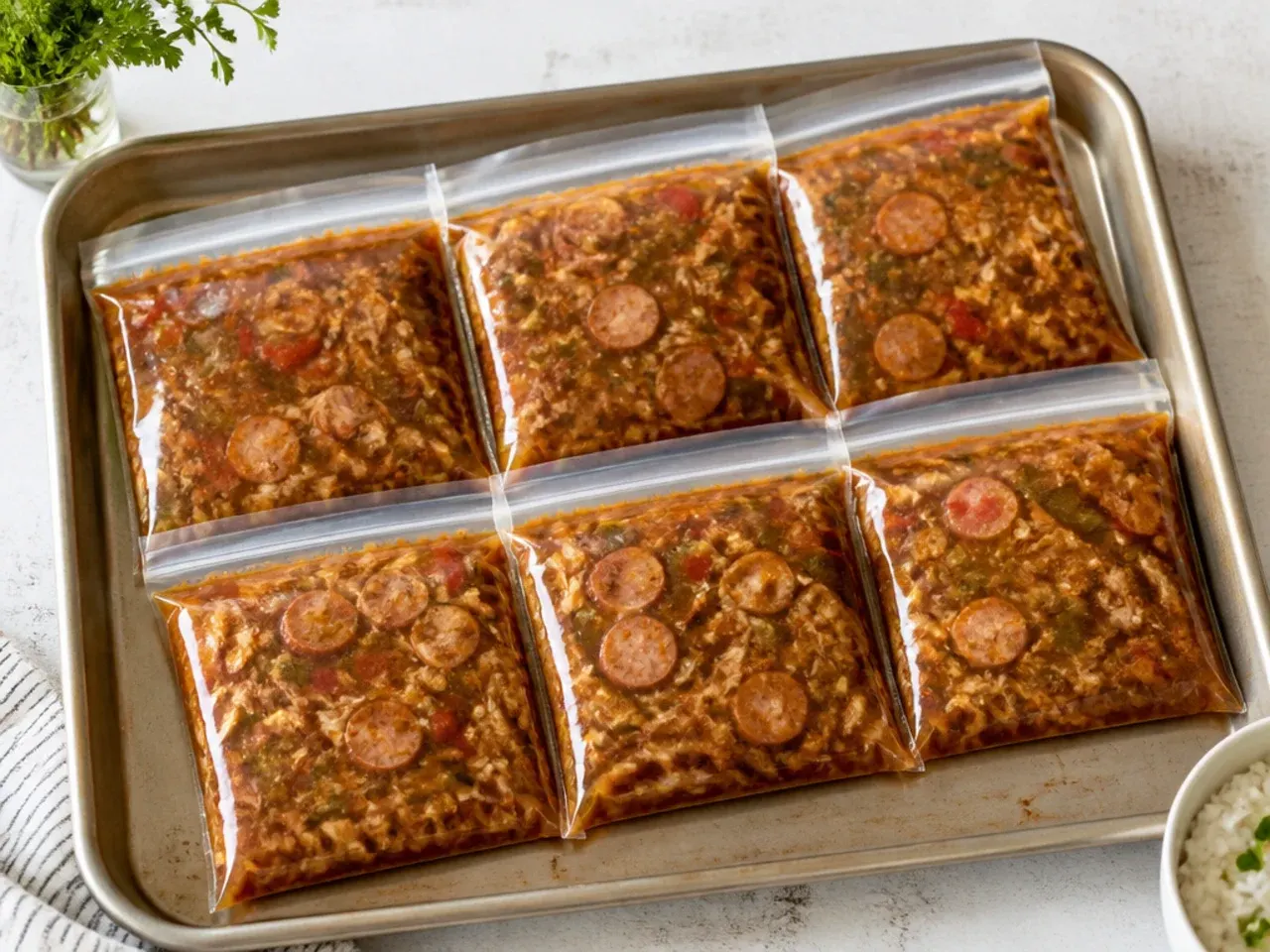 Easy make-ahead freezer gumbo idea prepped on a sheet pan