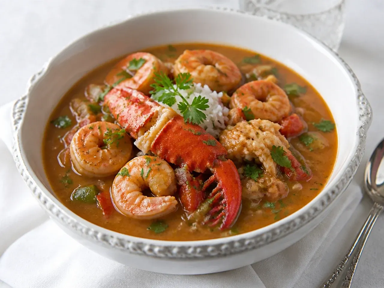 Elegant lobster and shrimp gumbo idea in a special-occasion bowl