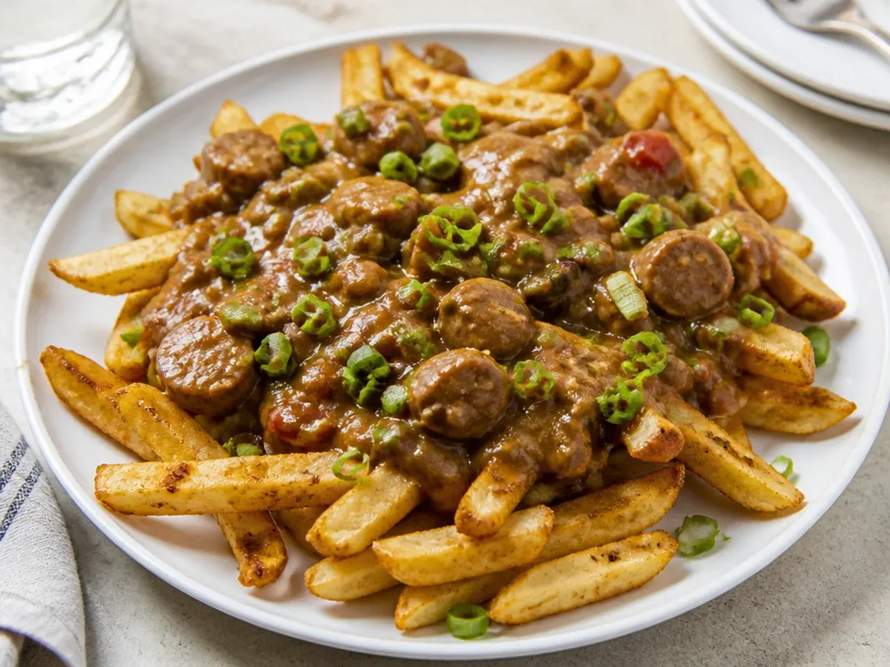 Playful gumbo fries idea with thick andouille gravy on top