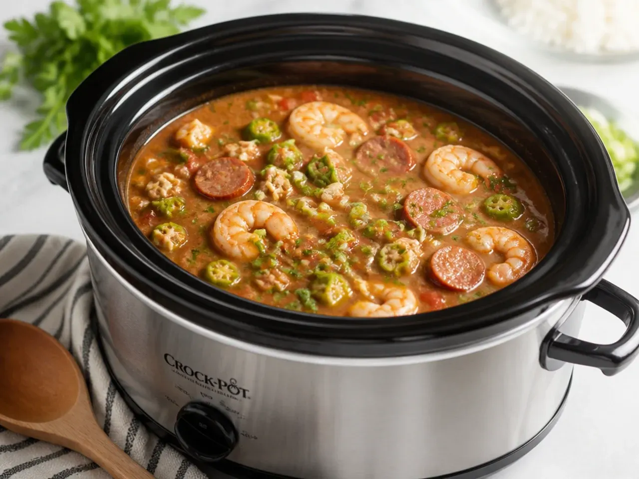 Modern slow-cooker gumbo idea simmering low and slow