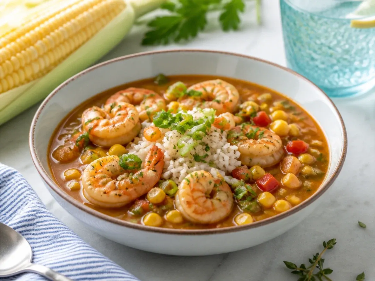 Colorful confetti corn and shrimp gumbo idea for summer