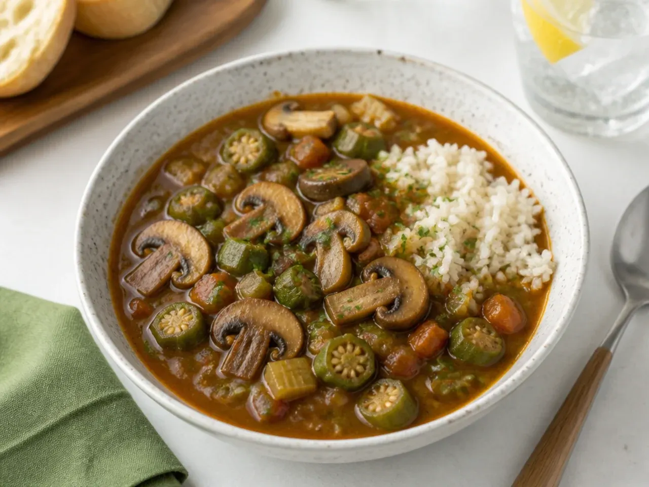 Minimal vegan mushroom and okra gumbo idea with no meat