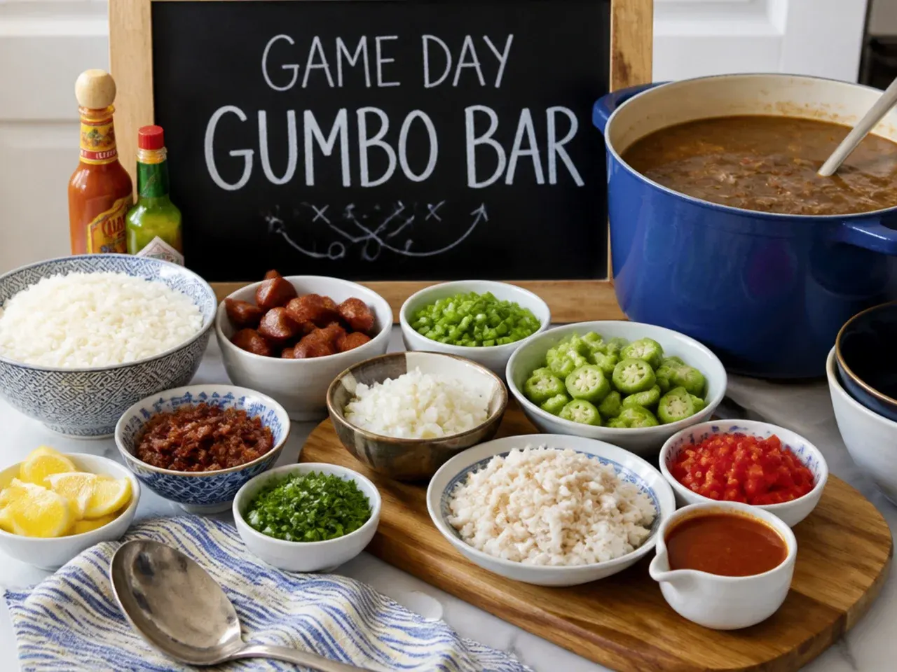 Festive game-day gumbo bar idea with a toppings spread